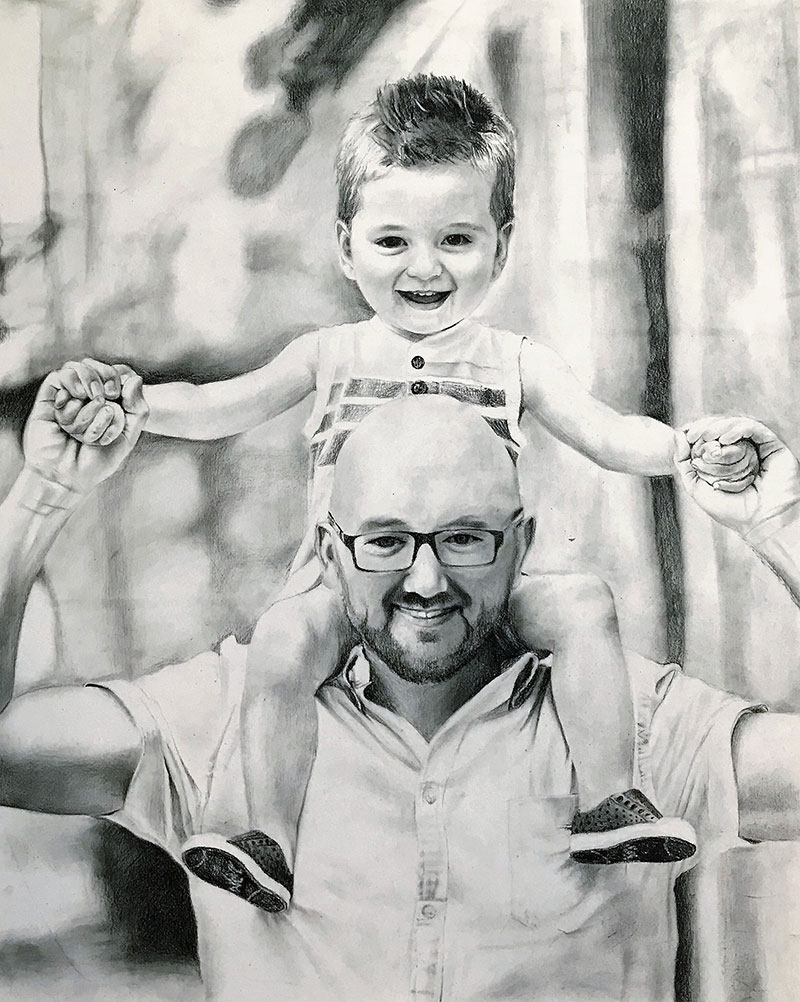 Beautiful charcoal drawing of a father and son having fun