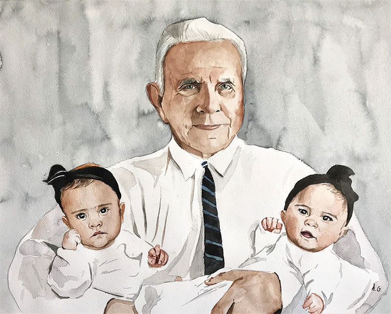 Beautiful watercolor painting of a gentleman holding babies