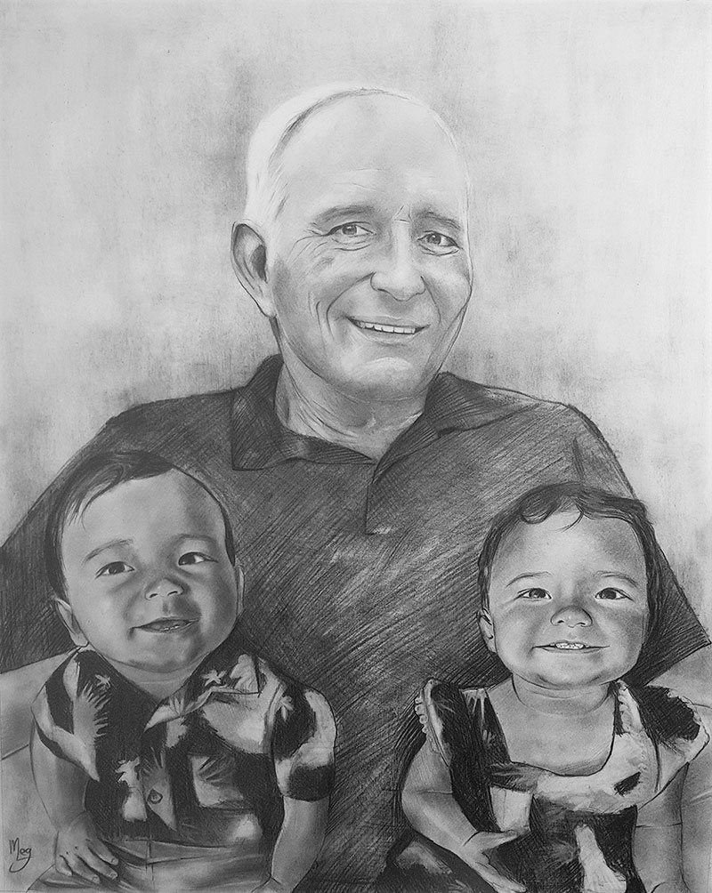 Custom black pencil drawing of a man with two kids