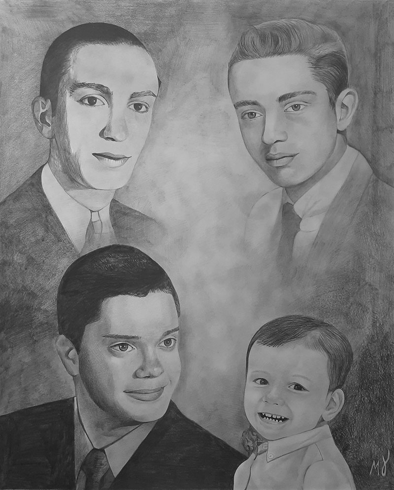 Custom vintage black pencil drawing of a family