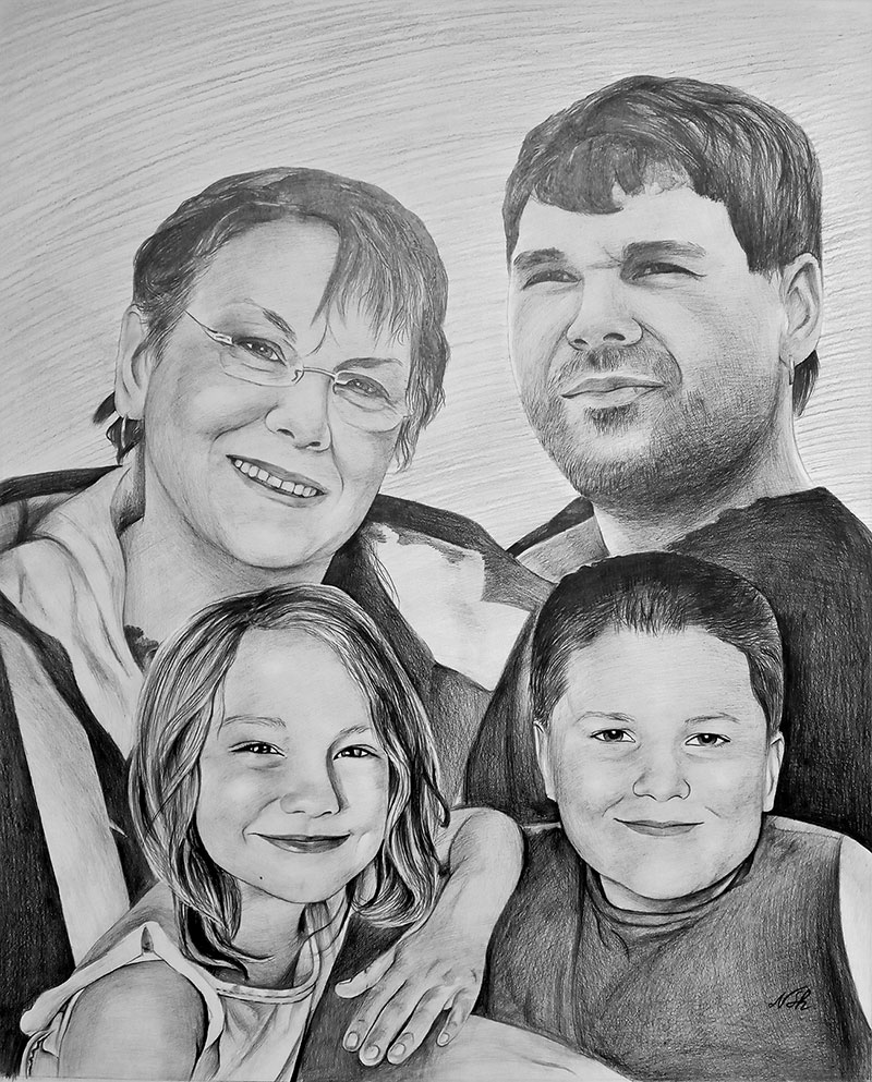 Custom black pencil drawing of a family
