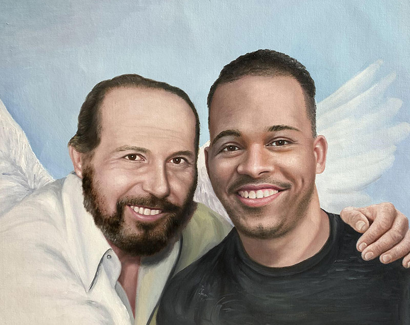 Custom oil painting of two adults with a blue background