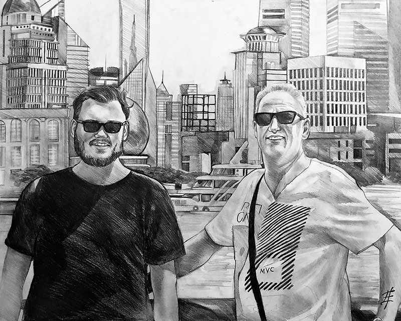 Beautiful black pencil drawing of two adults 