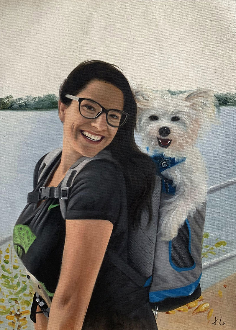 Custom oil portrait of an adult with a dog