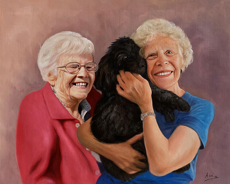 Beautiful oil painting of two elder ladies holding a dog