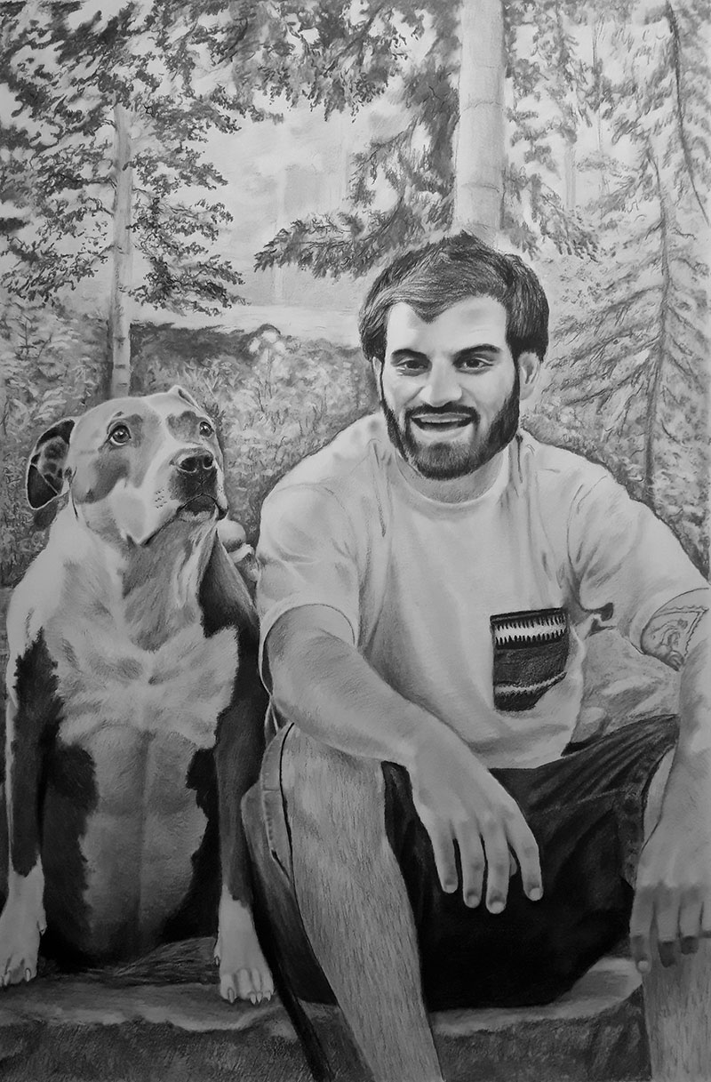 Custom handmade charcoal drawing of an adult with a dog