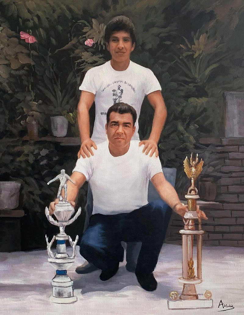 Painting of a father and son posing with trophies.