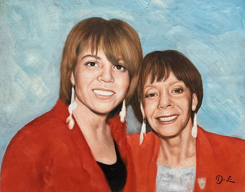Custom acrylic painting of two ladies with matching clothes
