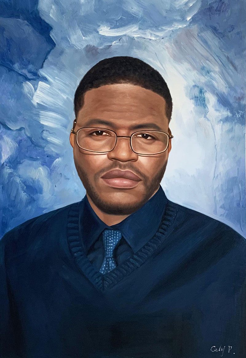 Custom oil painting of an adult with glasses