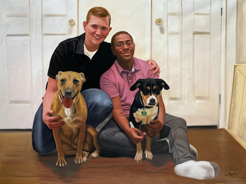 Custom handmade oil artwork of two adults with two dogs