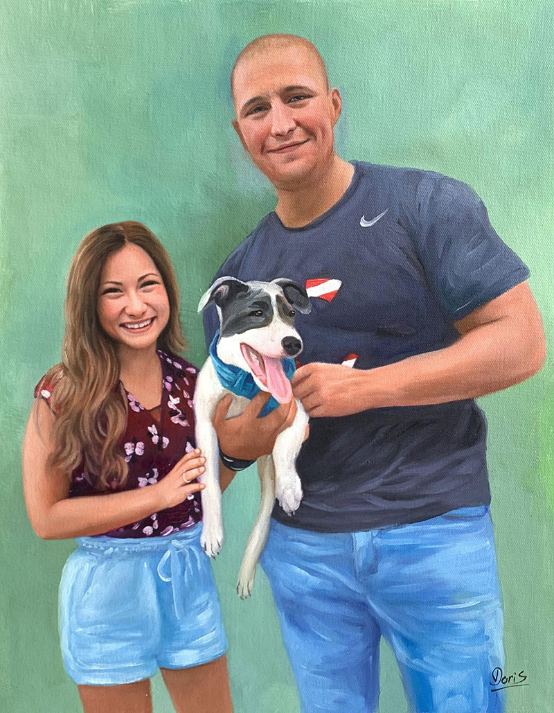Beautiful handmade oil painting of a couple with a dog