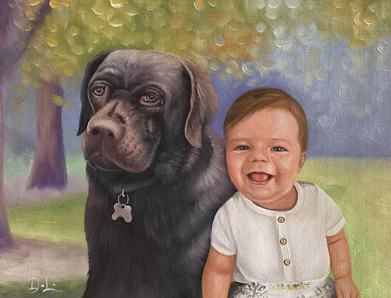 Beautiful oil painting of a smiling baby with a dog