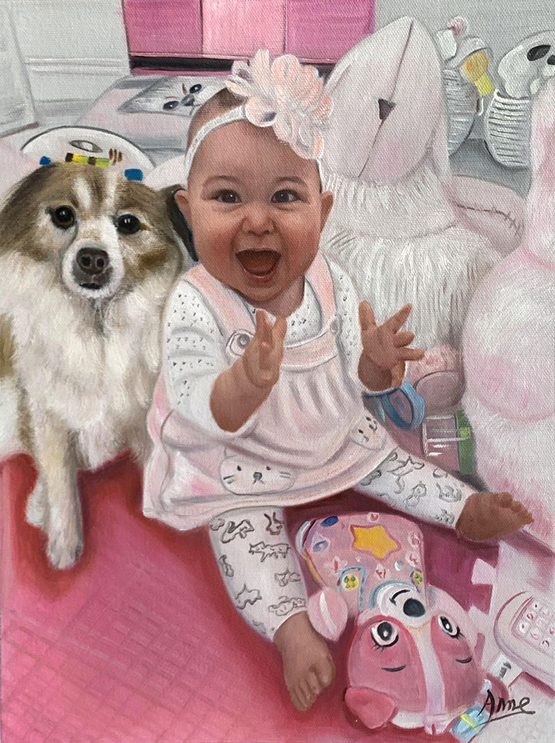 Custom oil painting of a baby girl with a dog