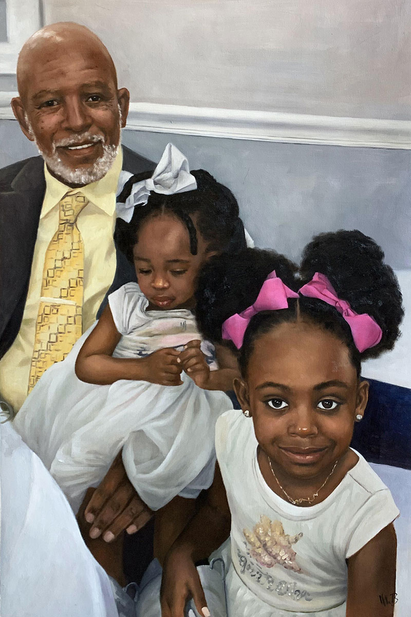 Custom oil painting of a grandfather with two grand kids