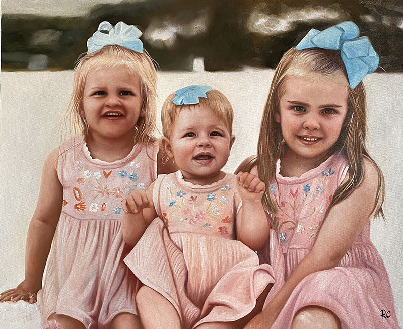 Custom handmade portrait of three little girls with blue bow