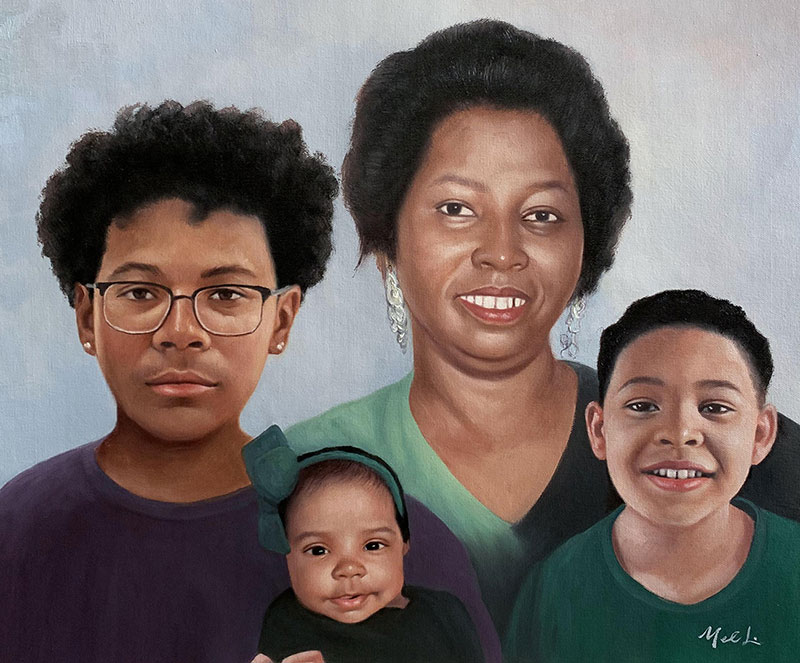 Custom handmade artwork of a family in oil