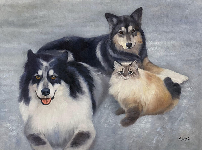 Custom handmade painting of multiple pets