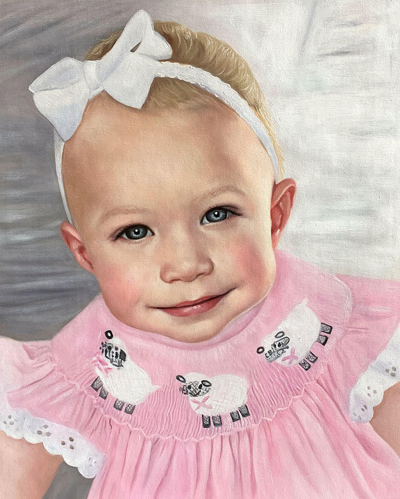 Gorgeous close up oil portrait of a baby girl