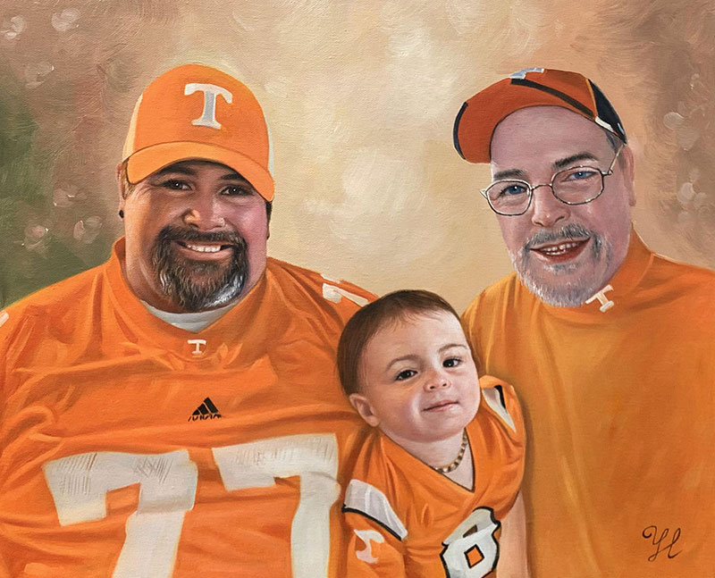 Custom oil painting of two adults with a baby
