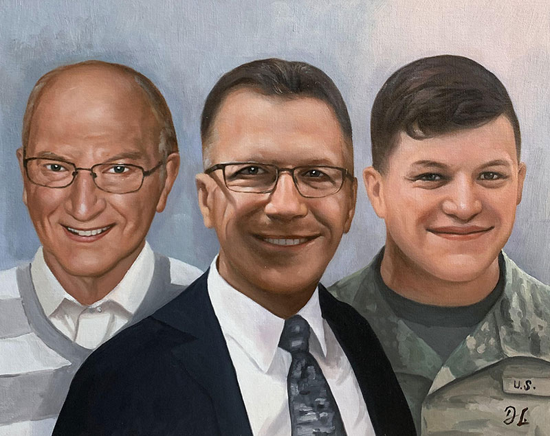 Painted portrait of three men: an older man in glasses, a middle-aged man in glasses and a suit, and a younger man in a military uniform.