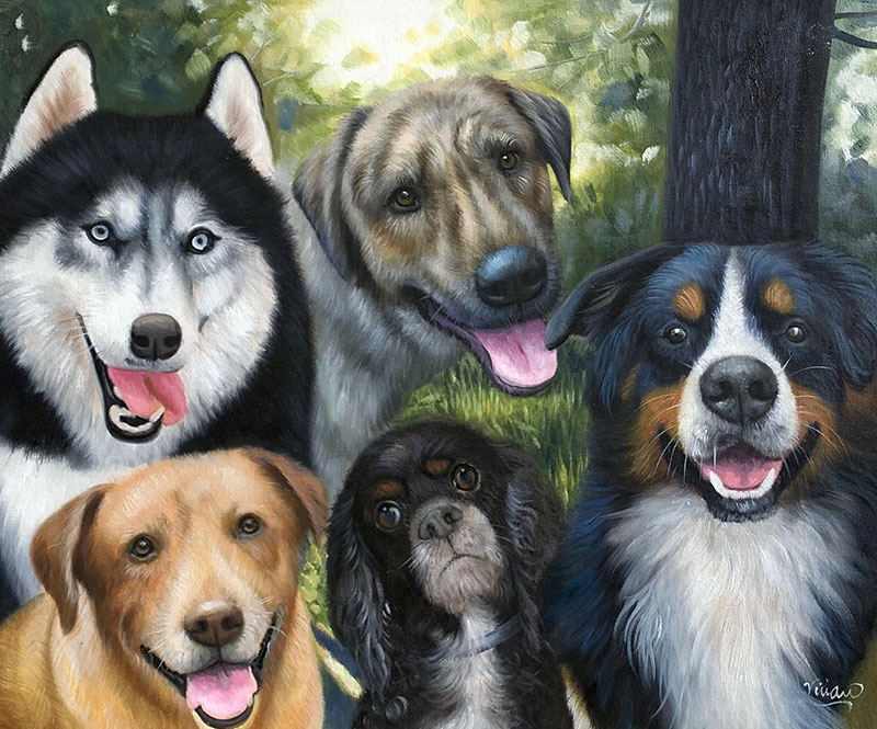 Custom oil painting of five dogs