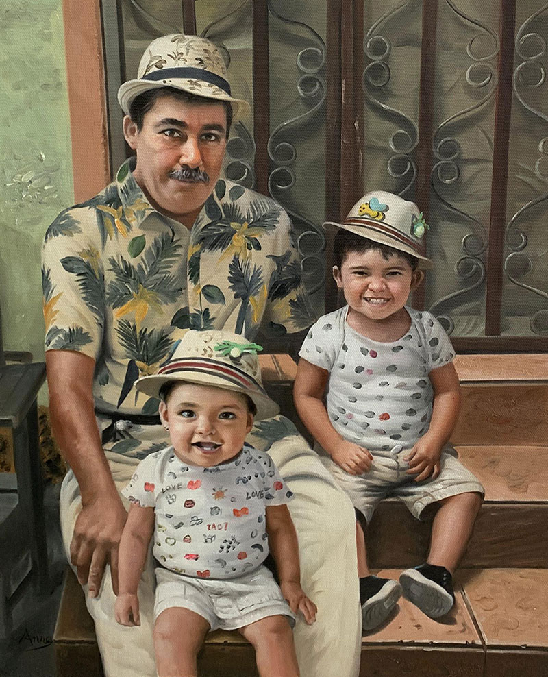 Custom handmade oil painting of a man with two kids