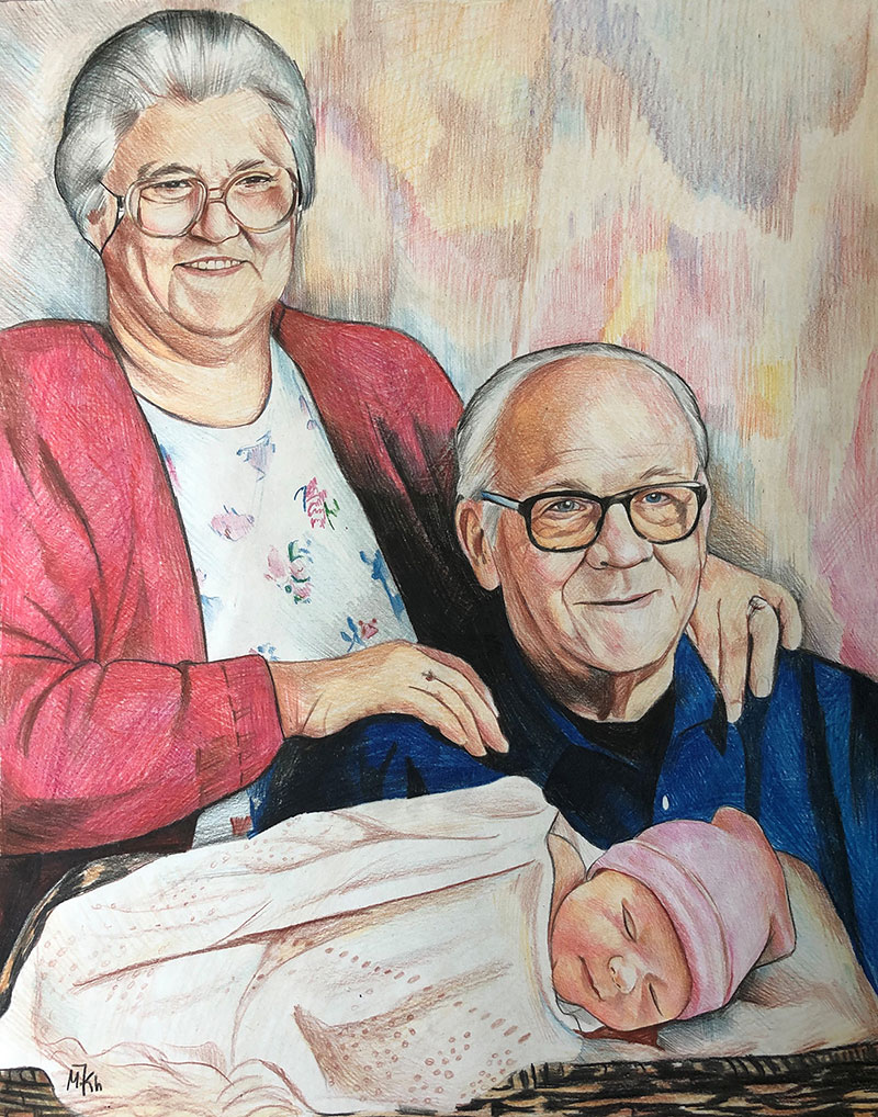 Custom handmade color pencil drawing of a family