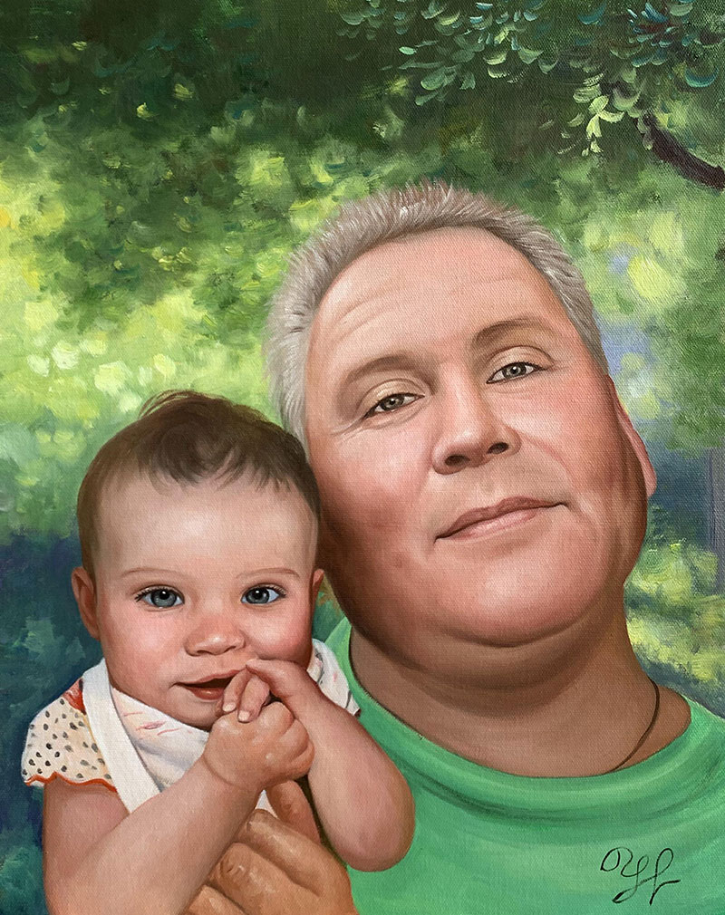 Custom oil painting of a grandfather and a granddaughter 