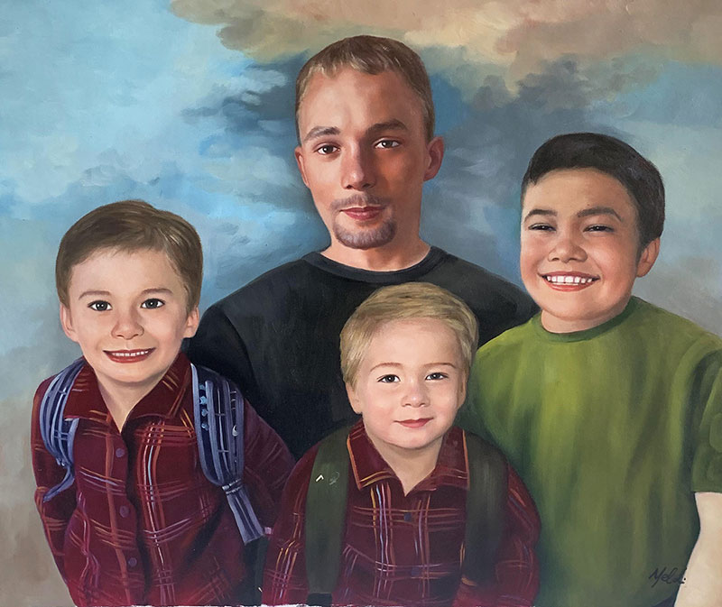 Custom oil painting of an adult with three kids