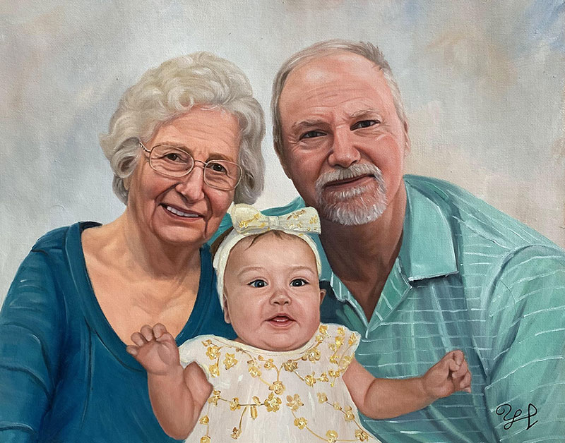 Painted portrait of grandparents and their baby granddaughter.