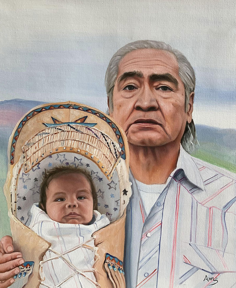 Custom oil painting of an elder man with a baby
