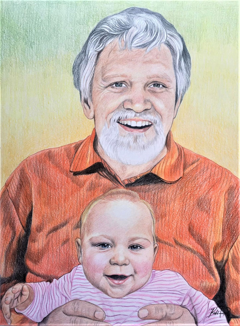 Beautiful handmade color pencil drawing of a man and a child