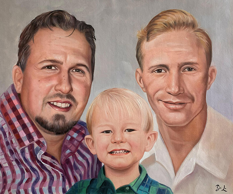 Custom handmade oil painting of two adults with a kid
