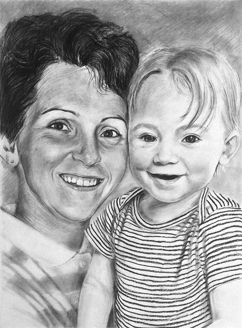 Beautiful charcoal drawing of a lady and a child