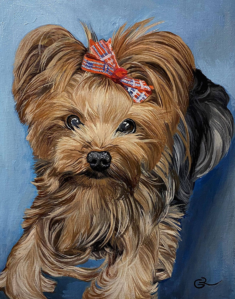 Custom oil painting of a little dog with a checkered bow