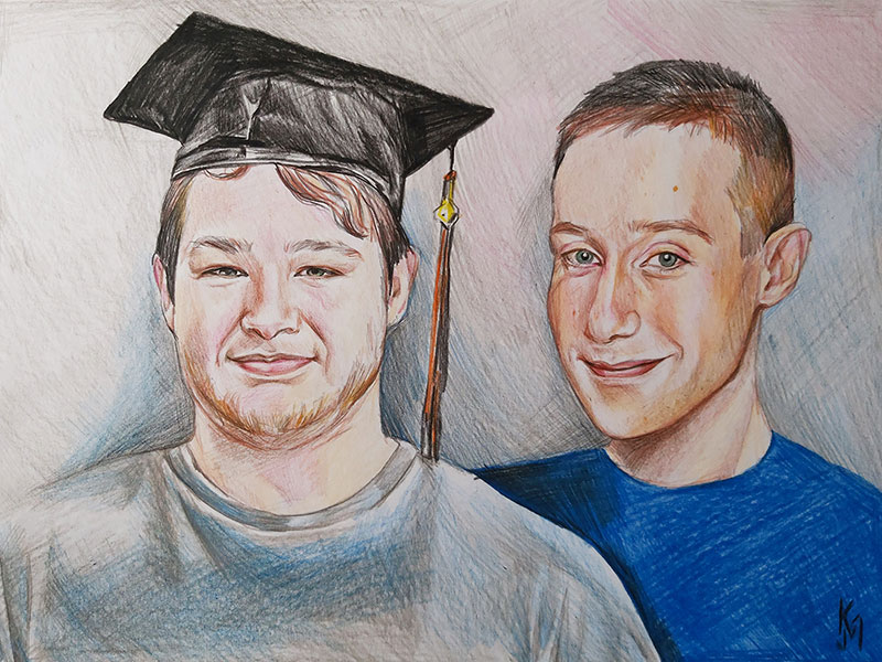 Custom handmade color pencil drawing of two adults