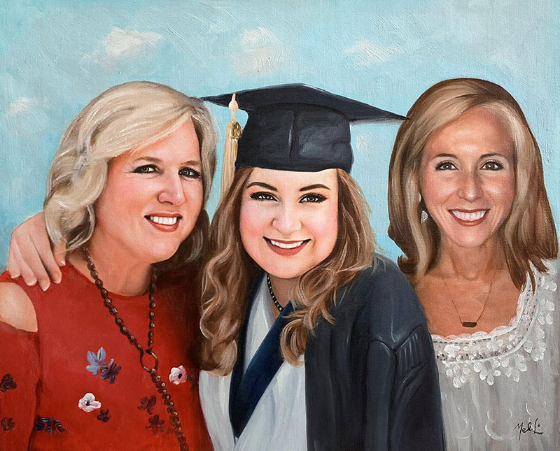 Custom oil painting of a graduate with two ladies