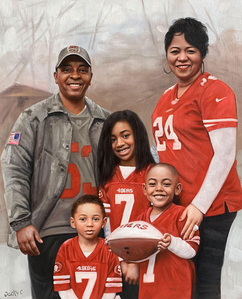 Family portrait of parents and three children, painted in the style of photorealism.  The parents and two younger children wear San Francisco 49ers jerseys.