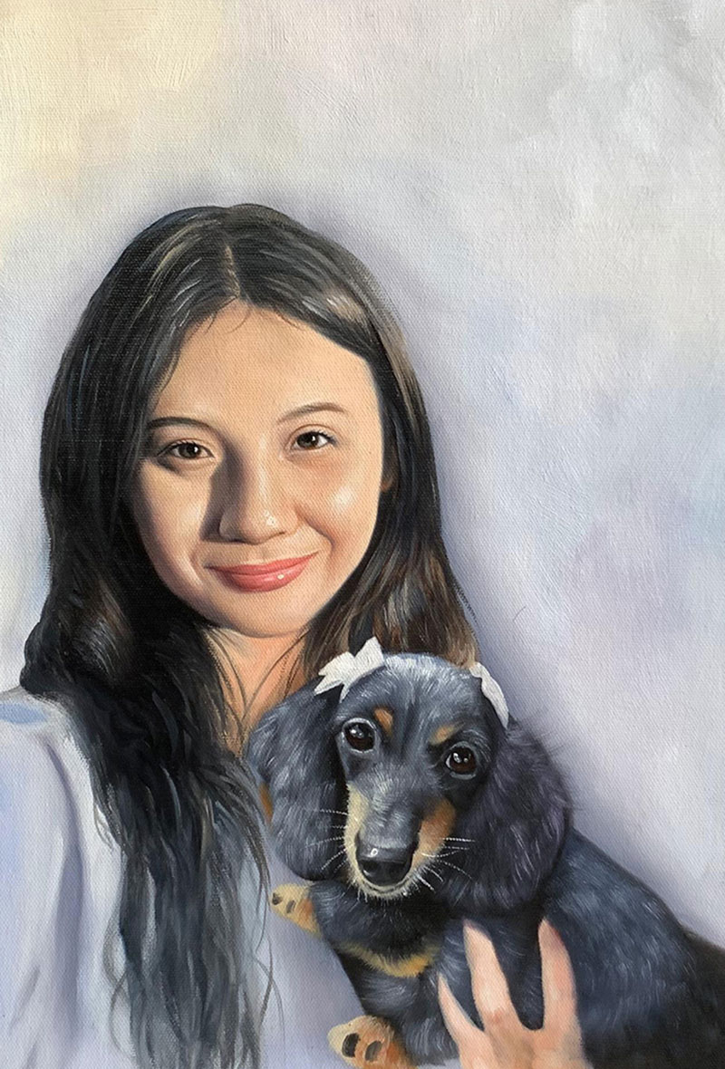 Beautiful oil portrait of a girl with a dog
