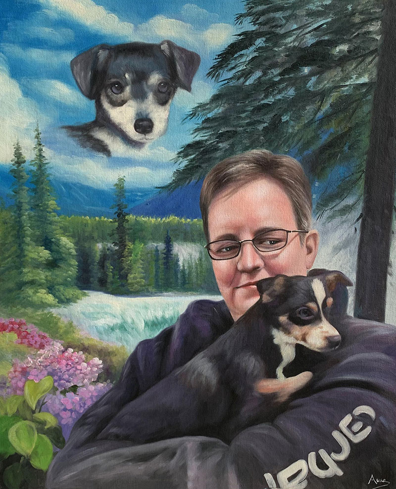 Custom oil painting of an adult with dog