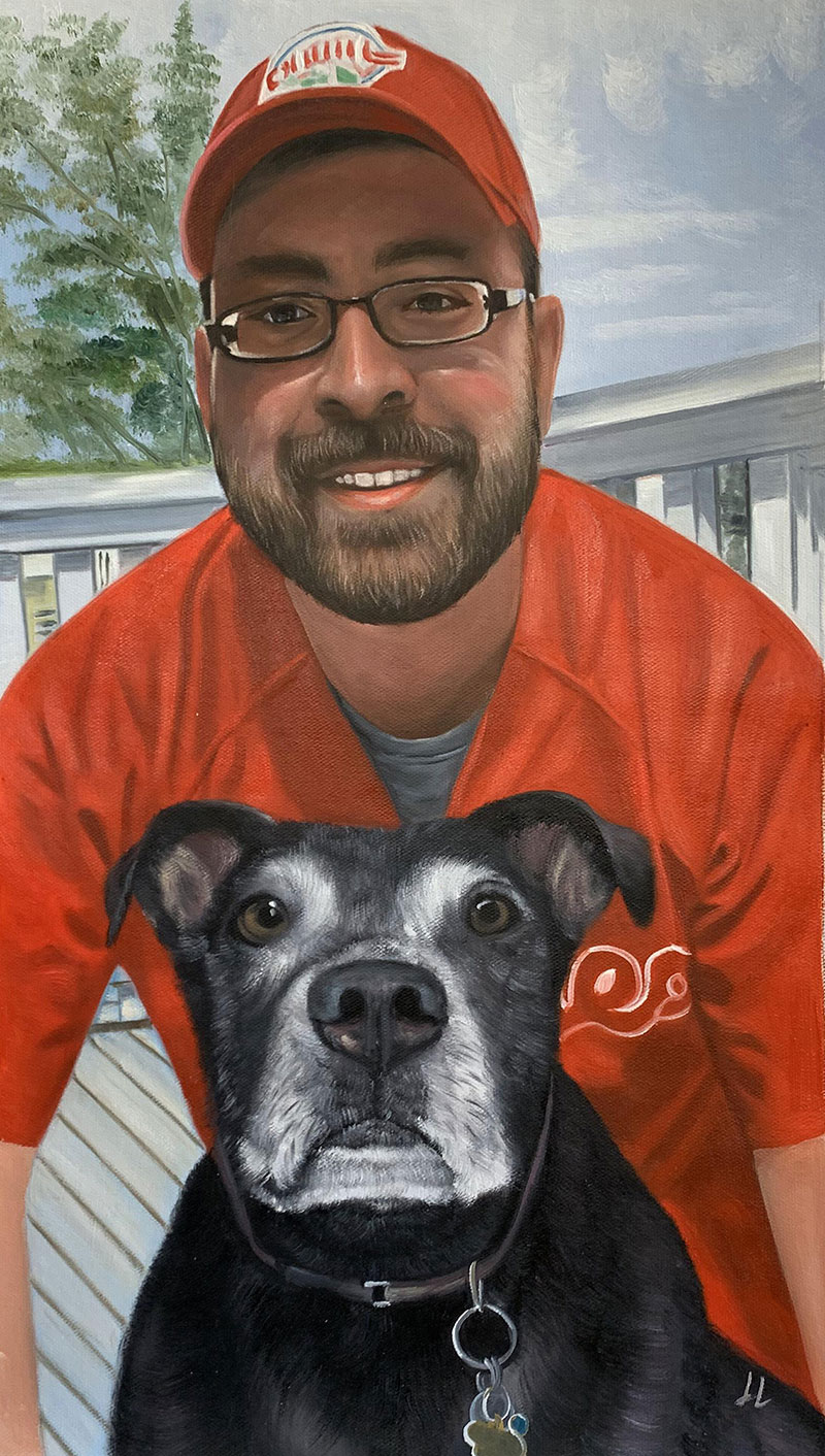 Custom oil portrait of a man with a dog