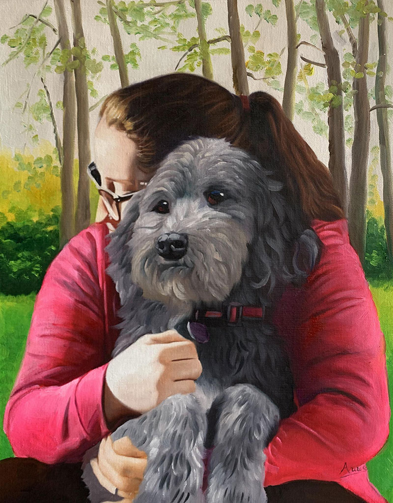 Custom oil painting of an adult hugging a pet
