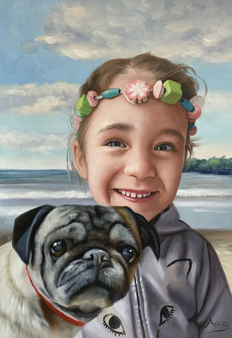 Beautiful oil portrait of a little girl with a dog