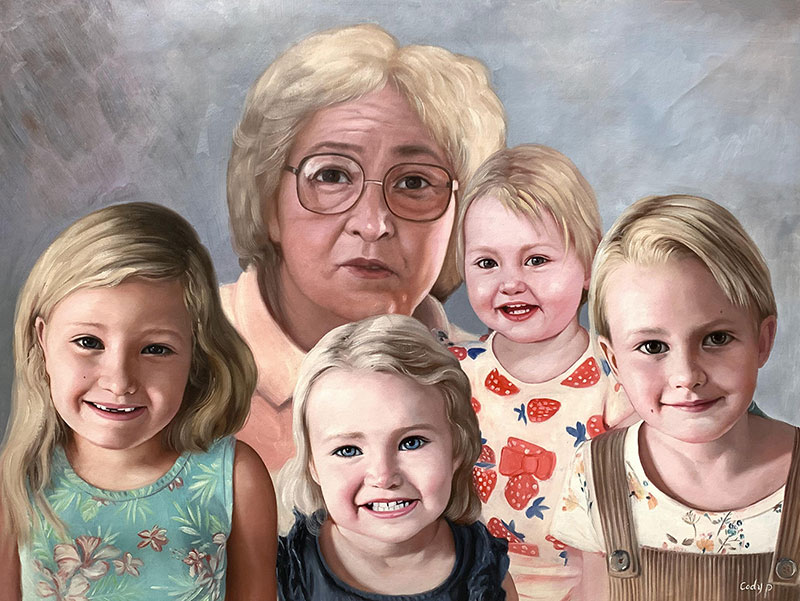 Beautiful handmade oil artwork of a grandma with grandkids