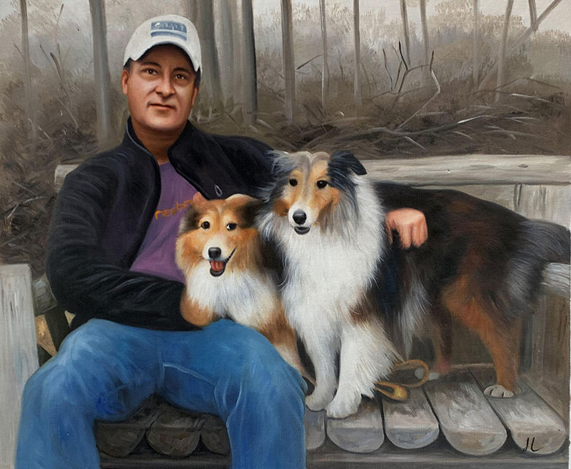 Beautiful oil painting of a man with two dogs