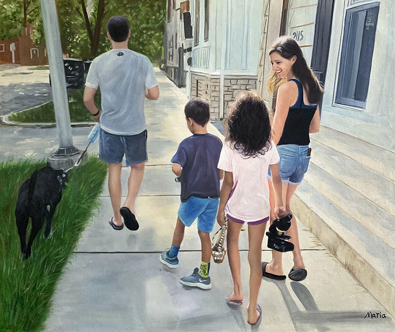 Gorgeous oil artwork of a happy family with pet