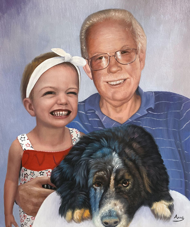 Painting of a grandfather, granddaughter, and dog.