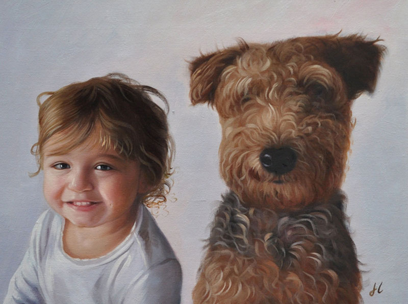 Beautiful acrylic painting of a child with a dog