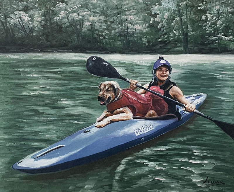 Custom acrylic painting of an adult riding a kayak with dog