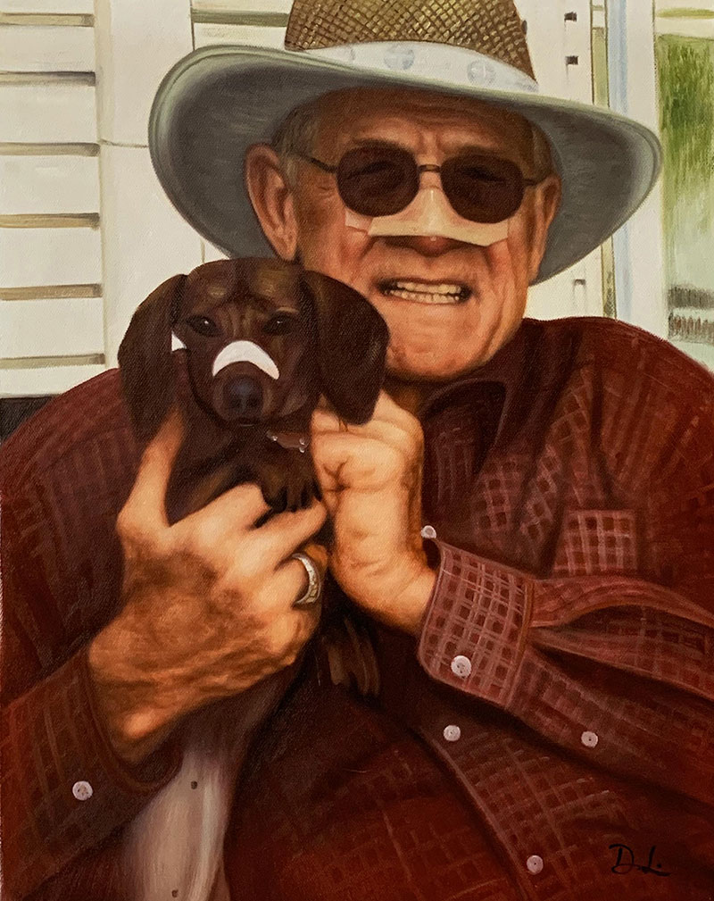 Personalized acrylic painting of a man with hat holding dog
